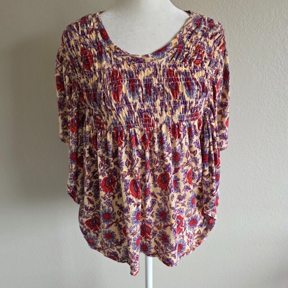 Free People Babydoll Cropped Smocked Ruffle Top Blouse Floral Linen Blend Size S